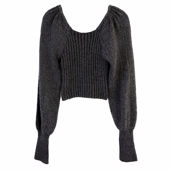 Free People Katie Ribbed Cropped Sweater Black Combo XS Puff Sleeve - Picture 5 of 8